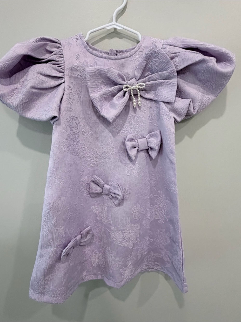 SHEIN Lilac Puff-Sleeve Bow Appliqué Dress for Girls